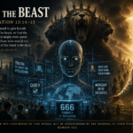 Apocalyptic AI imagery representing Revelation 13, artificial intelligence, deception, and technological power.