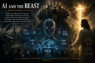 Apocalyptic AI imagery representing Revelation 13, artificial intelligence, deception, and technological power.