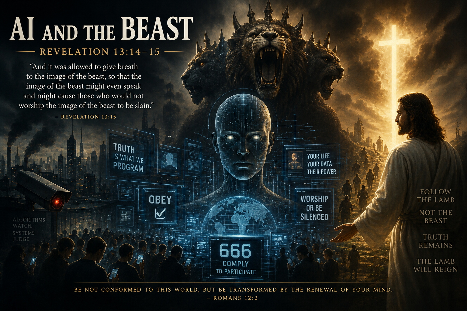Apocalyptic AI imagery representing Revelation 13, artificial intelligence, deception, and technological power.