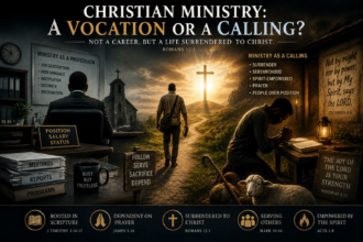 “Pastor praying in church symbolising Christian ministry as divine calling, servanthood, and spiritual authority.”